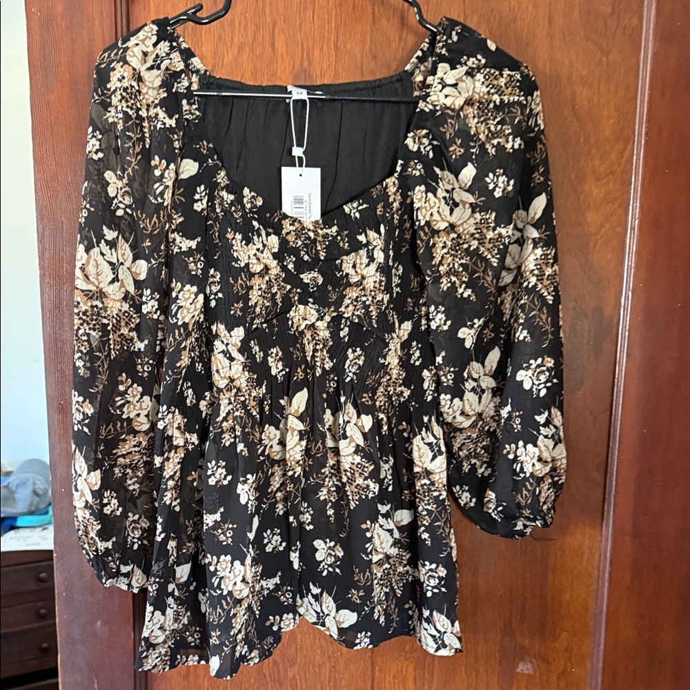 Baltic Born Black Floral Smocked Blouse with Cream Print